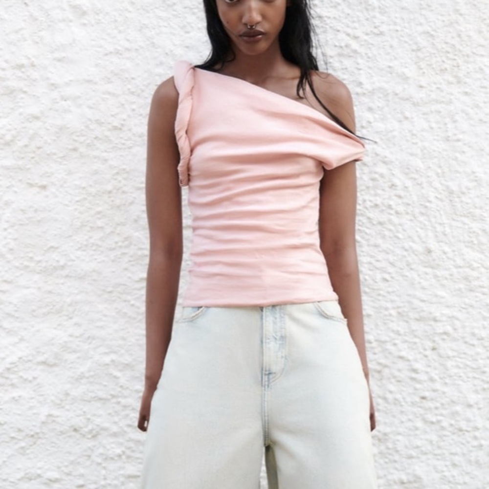 ZARA TWISTED ASYMMETRIC Linen Blend Pink Top Bloggers Fave